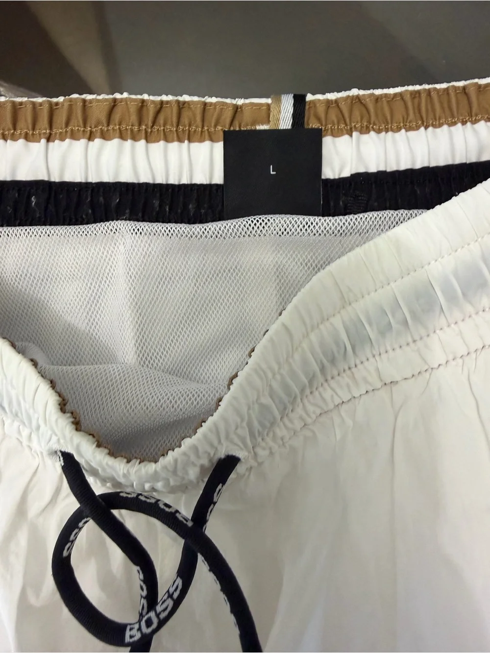 Boss White Swim Shorts with Black Logo and Drawcord